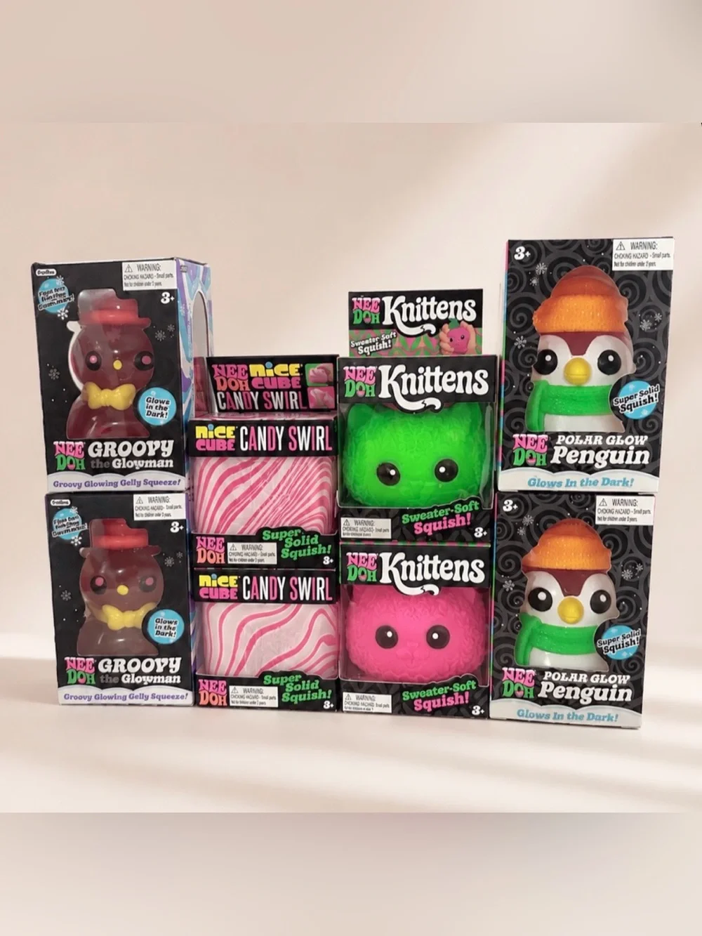 Christmas Needoh Penguin Groovy the Glowman Candy Swirl Cube Knittens